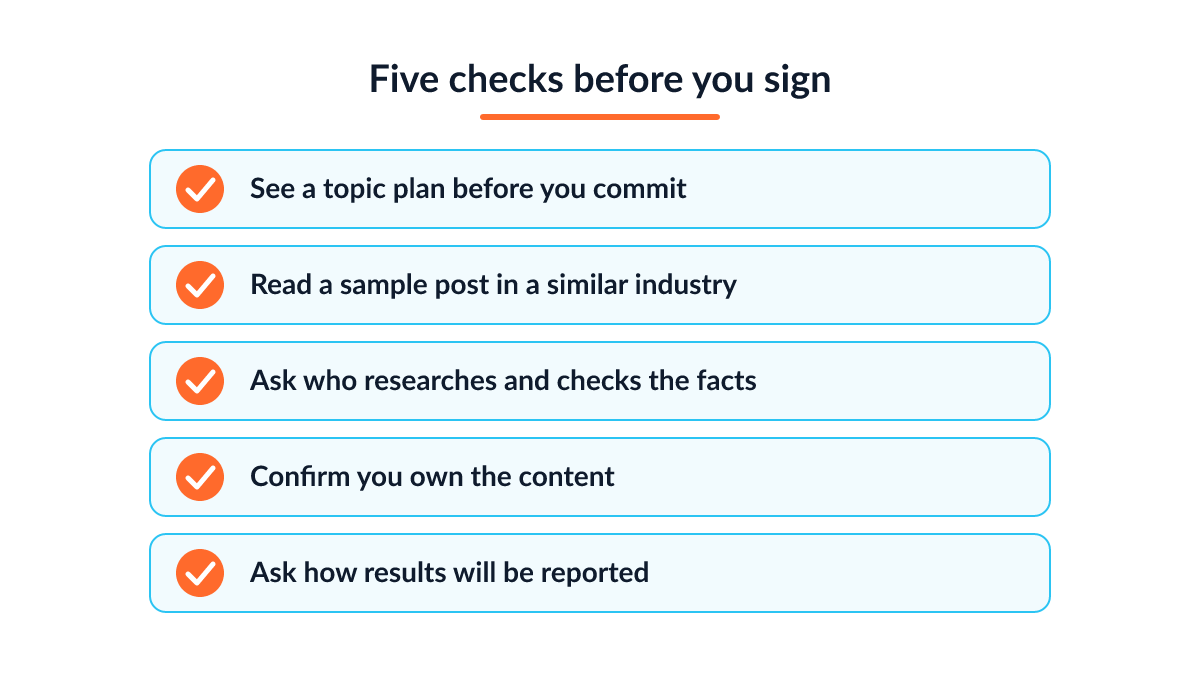 Five checks before hiring blog writing services in Singapore, from the topic plan to ownership and reporting